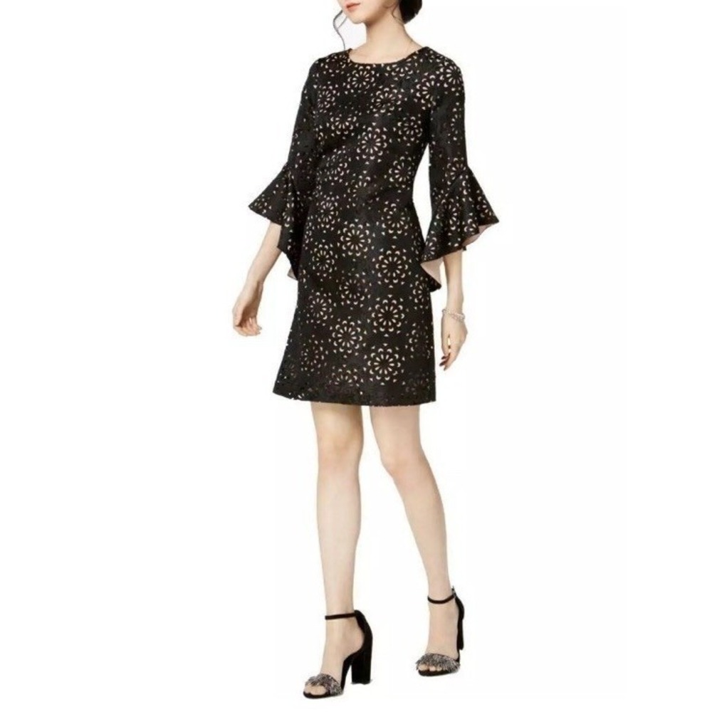 JAX Black Label Eyelet Bell Sleeve Sheath Dress Black Nude 10 1XBJ215J